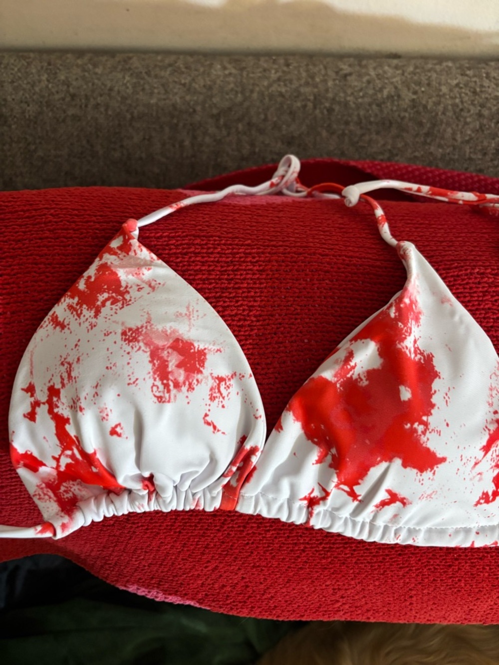 White and Red Splash Triangle Bikini Top